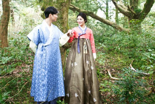Hanbok couple in the forest